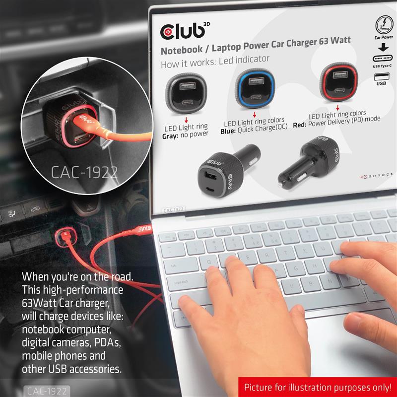 CLUB3D Notebook / Laptop Power Car Charger 63 Watt
