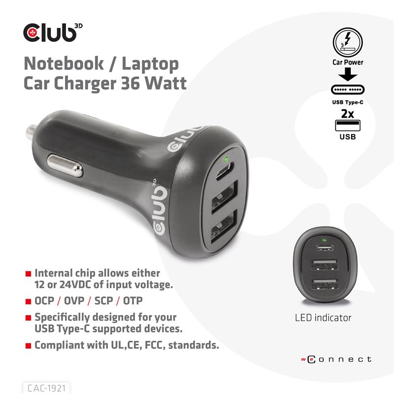 CLUB3D Notebook / Laptop Car Charger 36 Watt