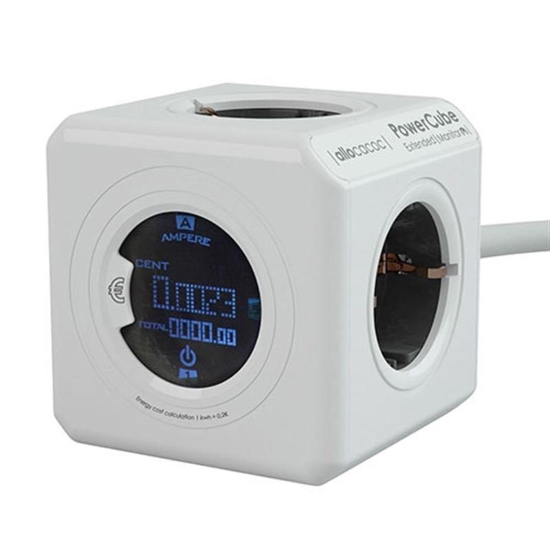Allocacoc PowerCube Extended stekkerdoos met energieconsumptie monitor 4 sockets 1 5m wit grijs