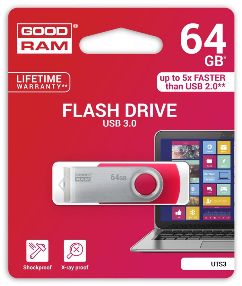 Goodram UTS3 USB flash drive 64 GB USB Type-A 3.2 Gen 1 (3.1 Gen 1) Rood, Zilver