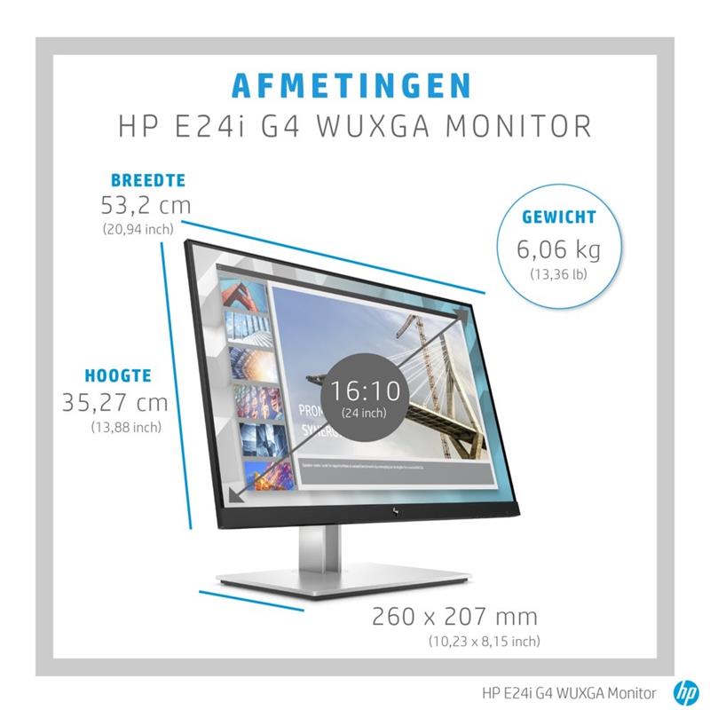 HP E-Series E24i G4 61 cm (24) 1920 x 1200 Pixels WUXGA Zwart, Zilver