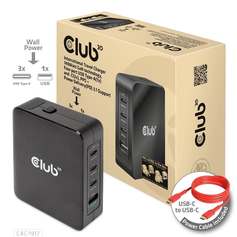 CLUB3D Internationale reislader 140 W GaN-technologie, vier poorten USB Type-A (1x) en -C (3x), PPS + Power Delivery (PD) 3.1-ondersteuning
